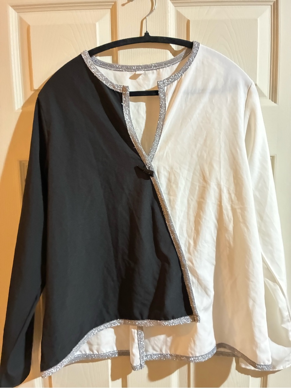 Black and White Contrast Long Sleeve Top with Silver Trim